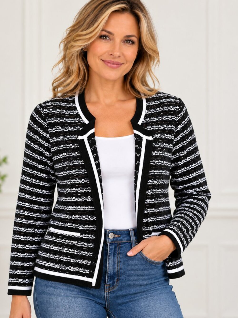White House Black Market Cardigan Black With White Stripes Shiny